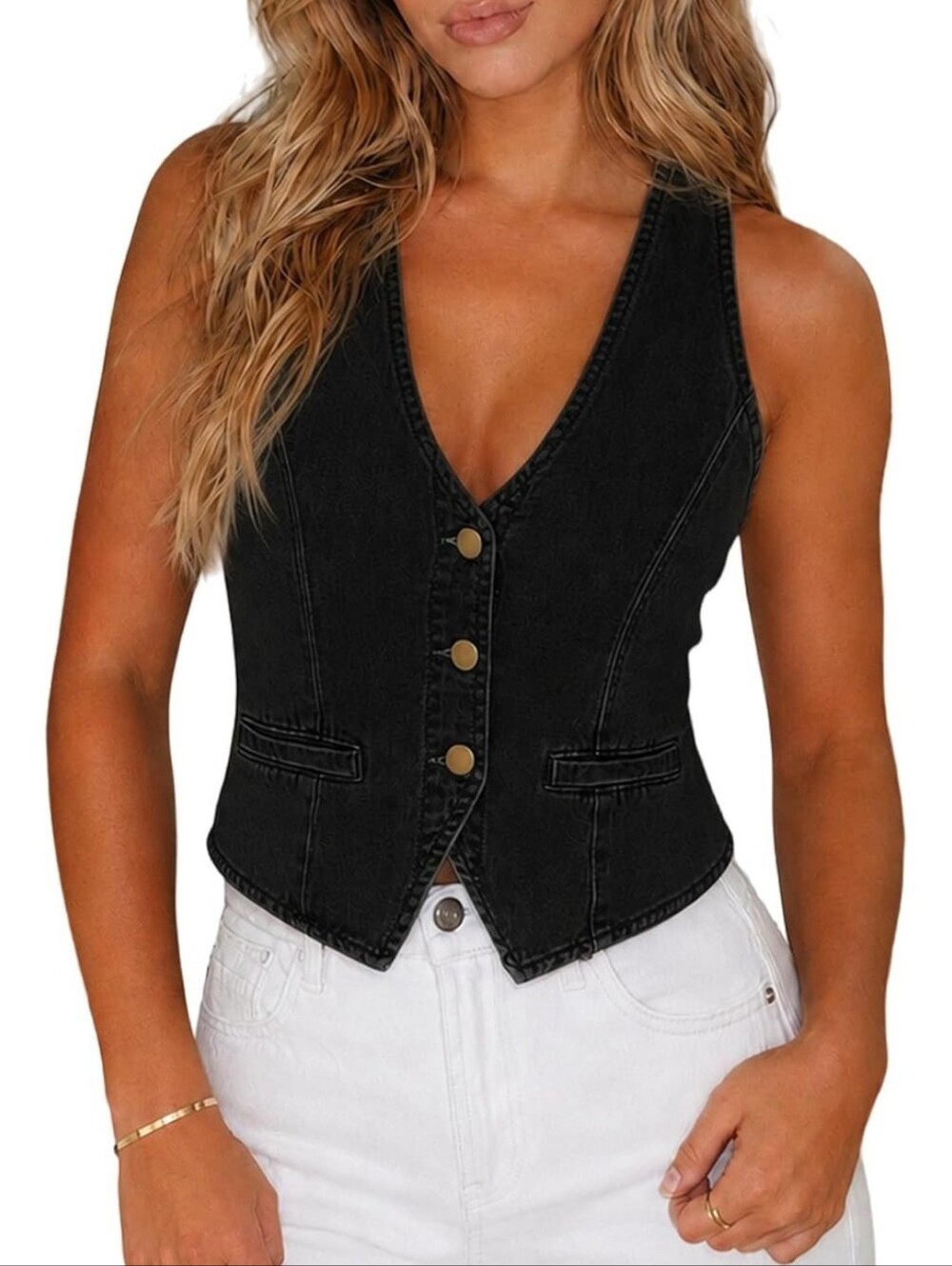 Womens Denim Vest Sleeveless V Neck Jean Vest Top Waistcoat -XL